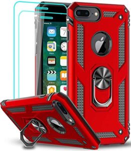 leyi compatible for iphone 8 plus case, iphone 7 plus case, iphone 6 plus case with tempered glass screen protector [2pack], military-grade phone case with ring kickstand for iphone 6s plus, red