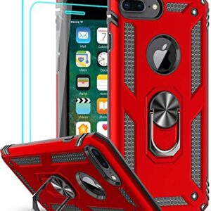 LeYi Compatible for iPhone 8 Plus Case, iPhone 7 Plus Case, iPhone 6 Plus Case with Tempered Glass Screen Protector [2Pack], Military-Grade Phone Case with Ring Kickstand for iPhone 6s Plus, Red