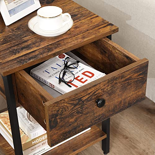 VASAGLE Nightstand, End Table, Side Table with Drawer and Shelf, Bedroom, Easy Assembly, Steel, Industrial Design, Rustic Brown and Black ULET55BX
