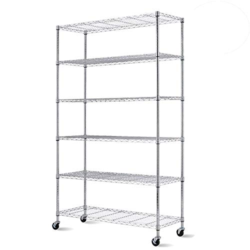 Tyyps Storage Metal Shelves Wire Shelf Organizer 6 Tier Wire Shelving Unit Heavy Duty Height Adjustable NSF Shelving Commercial Rolling Steel Rack 2100 Lbs Capacity with Wheels 82”X48”X18”,Chrome