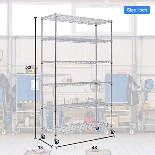 Tyyps Storage Metal Shelves Wire Shelf Organizer 6 Tier Wire Shelving Unit Heavy Duty Height Adjustable NSF Shelving Commercial Rolling Steel Rack 2100 Lbs Capacity with Wheels 82”X48”X18”,Chrome