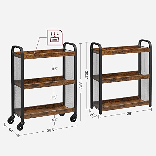 VASAGLE Serving Cart, Slim Kitchen Cart for Narrow Spaces, Rolling Storage Cart and Organizer Utility Cart with Wheels, Easy Assembly, for Kitchen, Bathroom, Rustic Brown and Black ULRC66BX