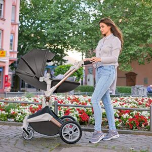 Baby Stroller 360 Rotation Function,Hot Mom Baby Carriage Pu Leather Pushchair Pram,Dark Grey