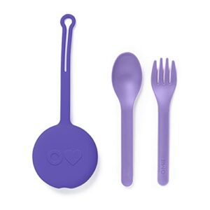 omiebox kids utensils set with case - 2 piece plastic, reusable fork and spoon silverware with pod for kids, travel, lunch boxes (lilac)