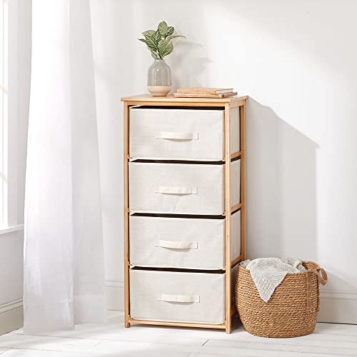 mDesign Vertical Dresser Storage Tower - 4 Drawers - Sturdy Bamboo Frame with Easy Pull Fabric Bins - Multi-Bin Organizer for Bedroom, Hallway, Entryway, Closets - Cream/Natural Wood