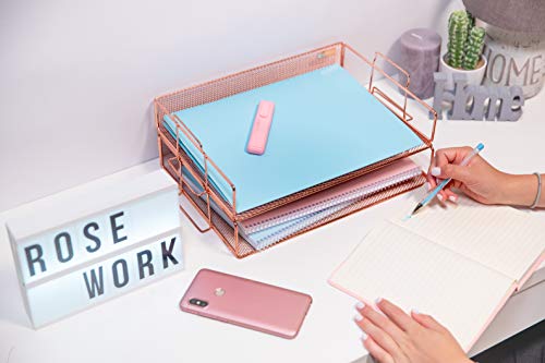 Rose Gold Letter Tray - 2 Tier Rose Gold Desk Organizer for Women, Stackable Paper Tray Organizer, File Organizer for Home Office and Desk Accessories