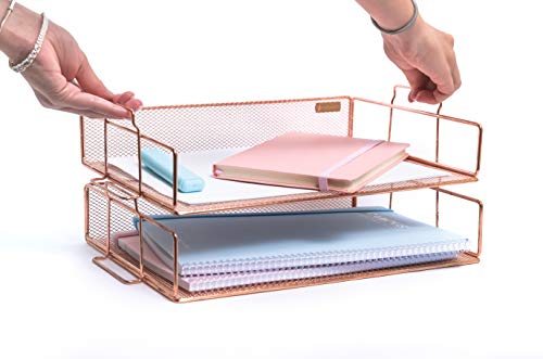 Rose Gold Letter Tray - 2 Tier Rose Gold Desk Organizer for Women, Stackable Paper Tray Organizer, File Organizer for Home Office and Desk Accessories