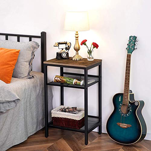 HOOBRO Side Table, Industrial End Telephone Table with Adjustable Mesh Shelves, for Office Hallway or Living Room, Wood Look Accent Furniture, Tall and Narrow, Rustic Brown and Black BF01DH01