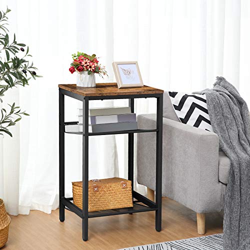 HOOBRO Side Table, Industrial End Telephone Table with Adjustable Mesh Shelves, for Office Hallway or Living Room, Wood Look Accent Furniture, Tall and Narrow, Rustic Brown and Black BF01DH01