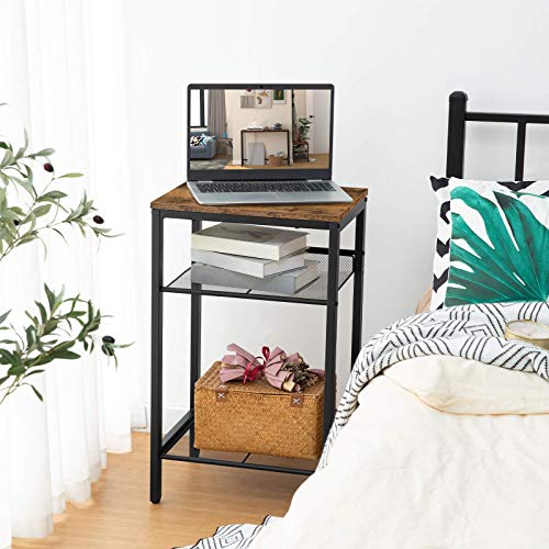 HOOBRO Side Table, Industrial End Telephone Table with Adjustable Mesh Shelves, for Office Hallway or Living Room, Wood Look Accent Furniture, Tall and Narrow, Rustic Brown and Black BF01DH01