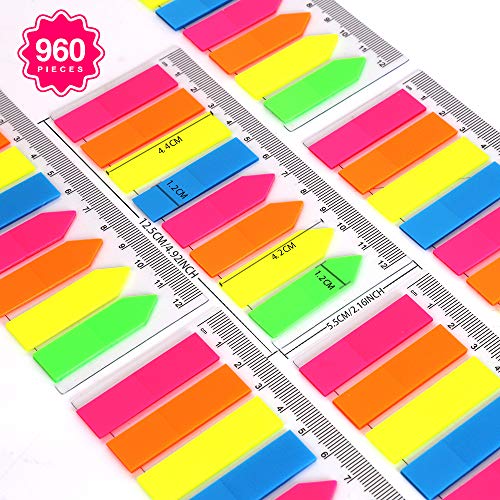 Fandamei 960 Pieces Neon Page Markers 6 Sets Translucent Page Flags Fluorescent Index Tabs Sticky Notes Tabs with 12 cm Measurement for Page Marker