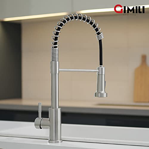 GIMILI Kitchen Faucet with Pull Down Sprayer High Arc Single Handle Spring Kitchen Sink Faucet Brushed Nickel Modern rv Stainless Steel Kitchen Faucets