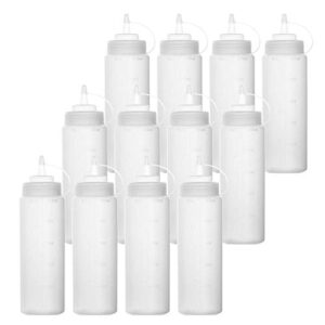 bekith 12 pack 16 oz wide mouth plastic squeeze condiment bottles with twist on cap lids and discrete measurements, empty squirt bottle for sauce, ketchup, paint