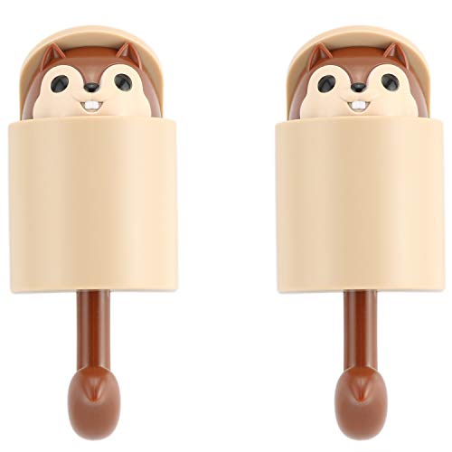 Lind Kitchen 2pcs Squirrel Shape Adhesive Hook for Children's Room Living Room Bedroom,Cute Cartoon Creative Home Decoration Wall Hooks(Brown)