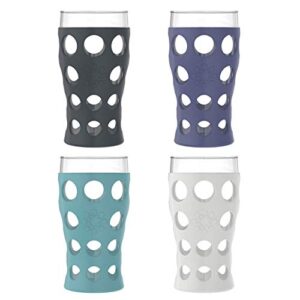 lifefactory 20-ounce beverage glasses with protective silicone sleeves, 4 count (pack of 1), stone gray, aqua teal, dusty purple, carbon