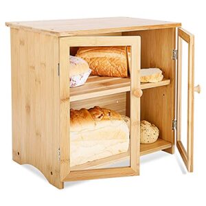 leopard bamboo bread box for kitchen countertop, 2 layers bread boxes with clear window for kitchen food storage, large bread storage bin with cutting board - natural bamboo