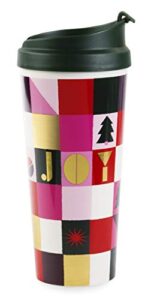 kate spade new york 16 ounce insulated travel mug, holiday themed double wall thermal tumbler for coffee/tea, joy