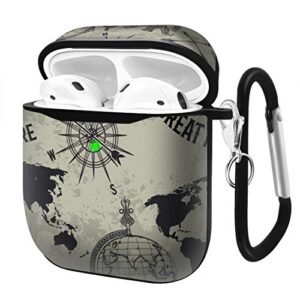 slim form fitted printing pattern cover case with carabiner compatible with airpods 1 and airpods 2 / pattern with vintage globe, compass, world map and wind rose