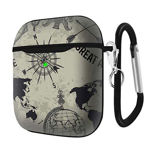 Slim Form Fitted Printing Pattern Cover Case with Carabiner Compatible with Airpods 1 and AirPods 2 / Pattern with Vintage Globe, Compass, World map and Wind Rose