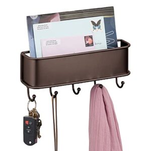 mdesign wall mount metal entryway storage organizer mail sorter basket with 5 hooks - letter, magazine, coat, leash and key holder for entryway, mudroom, hallway, kitchen, office - bronze
