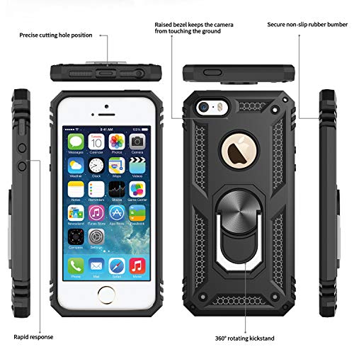 LeYi Compatible for iPhone se Case 2016 (Not Fit 2020), iPhone 5s Case, iPhone 5 Case, Armor Full-Body Phone Cover Case with 360 Degree Rotating Holder Kickstand for iPhone 5/5s/se, Black