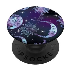 black base teal purple sun moon stars boho bohemian pattern popsockets popgrip: swappable grip for phones & tablets