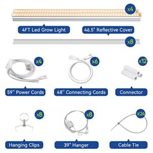 Monios-L T5 LED Grow Light, 4FT Full Spectrum Sunlight Replacement with Reflector, 240W(4x60W) Double Tube White Light Integrated Fixture with Hanging System for Indoor Plants,Plug and Play 4-Pack