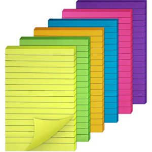 6 pieces sticky notes lined self sticky notes lined colorful lined post memos for office, school and home, 50 sheets (bright neon colors, 4 x 6 inch)