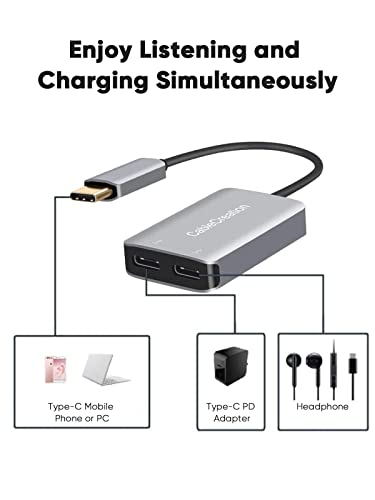 CableCreation USB Type C Splitter, 2-in-1 USB C Audio Adapter and PD Fast Charging, Compatible with iPad Pro, MacBook Air, Galaxy Note 10, S9, S10, S20, S21 Ultra, S22, Pixel 2 3 XL, Aluminum Gray
