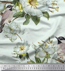 soimoi green cotton canvas fabric leaves,white floral & bird print fabric by the yard 56 inch wide