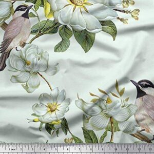 Soimoi Green Cotton Canvas Fabric Leaves,White Floral & Bird Print Fabric by The Yard 56 Inch Wide