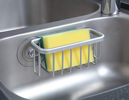 SunnyPoint NeverRust Kitchen Sink Suction Holder for Sponges, Scrubbers, Soap, Kitchen, Bathroom, 6"L x 2.36" W x 2.56"H , Aluminum (Mat Silver, Set of 1)