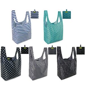 reusable shopping bags grocery tote bags foldable into attached pouch, ripstop reusable gift bags, washable, durable and lightweight (classic pattern 5 pack) …
