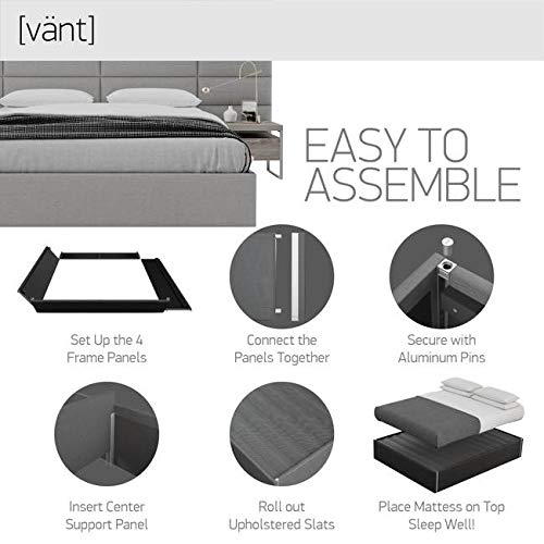 VANT Upholstered Platform Bed - King Size - Velvet Smoke Grey - Easy Assembly Bed Frame No Box Spring Needed Foundation for Optimal Support - Sleek Modern Design for Any Bedroom