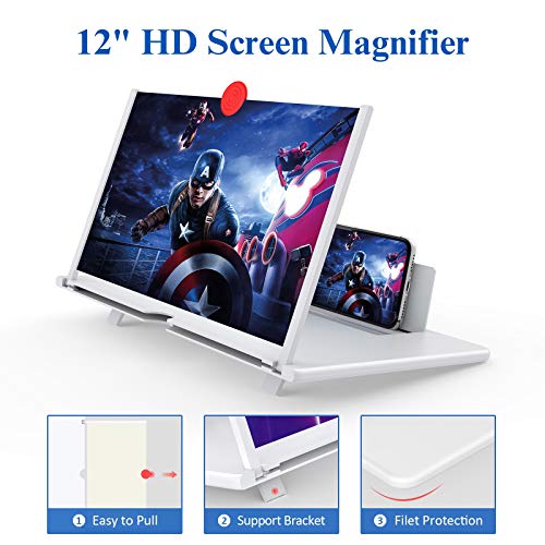 12" Screen Magnifier –3D HD Mobile Phone Magnifier Projector Screen for Movies, Videos, and Gaming–Foldable Phone Stand with Screen Amplifier–Supports All Smartphones(White)