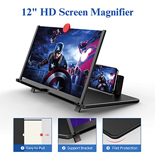 Fanlory 12" Screen Magnifier –3D HD Mobile Phone Magnifier Projector Screen for Movies, Videos, and Gaming–Foldable Phone Stand with Screen Amplifier–Supports All Smartphones(Black)