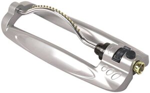 rocky mountain goods turbo metal oscillating sprinkler - aluminum frame sprinkler with solid brass jets - covers up to 3,600 ft - built in flow control - includes spray jet cleaning needle