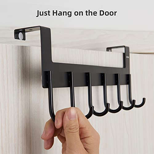 UDENIS Over Door Hanger,Heavy Duty Door Hook,Hanging Towel,Robe,Coat,Clothes,Bag,Belt,Over Door Rack for Bathroom,Bedroom,Closet,Dorm,Extra,Fit for 1 1/2 to 1 3/4 inch Door,Black 6 Hooks,Anti Rust