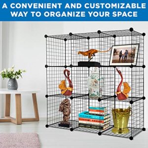 Work-It! Wire Storage Cubes, 9-Cube Metal Grid Organizer | Modular Wire Shelving Units, Stackable Bookcase, DIY Closet Cabinet Organizer for Home, Office, Kids Room | 14" W x 14" H, Black