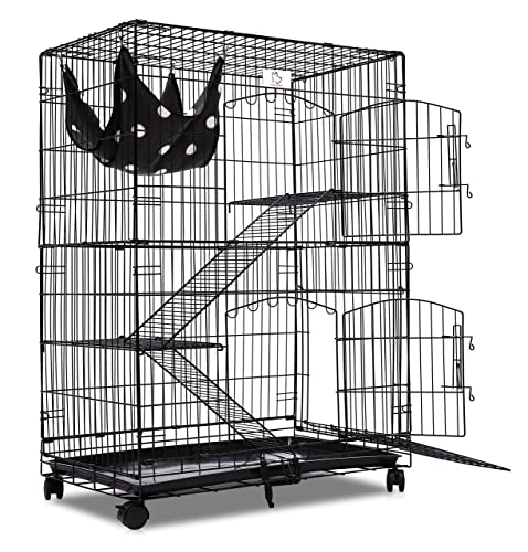 Homey PET INC Folding Wire Cat Ferret Habitat Crate with Casters,Tray and Hammock