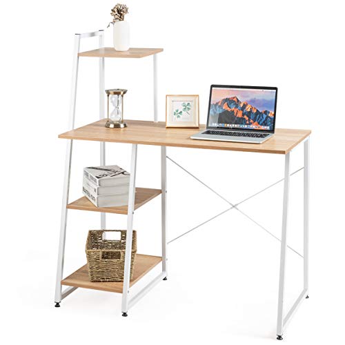 Tangkula Computer Desk with 4 Tier Shelves, Writing Desk Study Desk, Compact Computer Desk Workstation with X-Shaped Metal Frame & Adjustable Foot Pads, Home Office Desk (Natural)