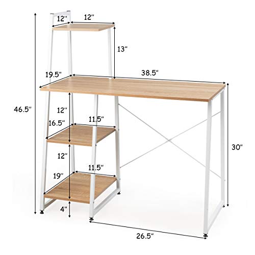 Tangkula Computer Desk with 4 Tier Shelves, Writing Desk Study Desk, Compact Computer Desk Workstation with X-Shaped Metal Frame & Adjustable Foot Pads, Home Office Desk (Natural)