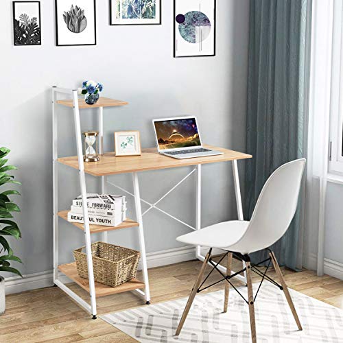 Tangkula Computer Desk with 4 Tier Shelves, Writing Desk Study Desk, Compact Computer Desk Workstation with X-Shaped Metal Frame & Adjustable Foot Pads, Home Office Desk (Natural)