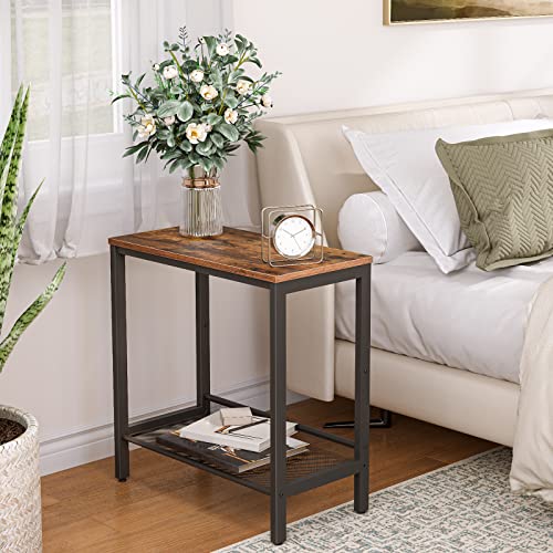 HOOBRO Side Tables, Set of 2 Narrow Nightstands, Industrial End Table with Flat or Slant Adjustable Mesh Shelf for Small Spaces, Stable Metal Frame and Easy Assembly, Rustic Brown and Black BF24BZ01