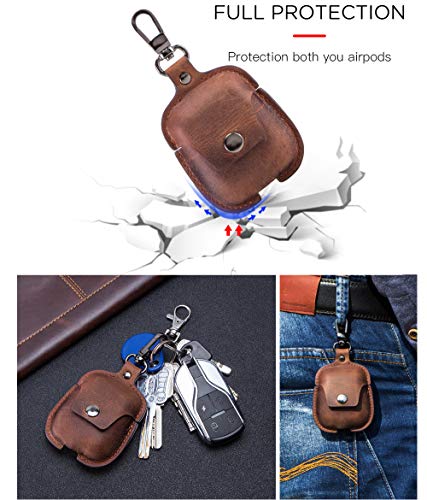 for AirPods Case, Personalized Genuine Leather Portable Protective Case/Cover Shockproof with Loss Prevention Clip for Apple AirPods 1 & 2 Case & Wireless Charging Case (Customize, Brown)