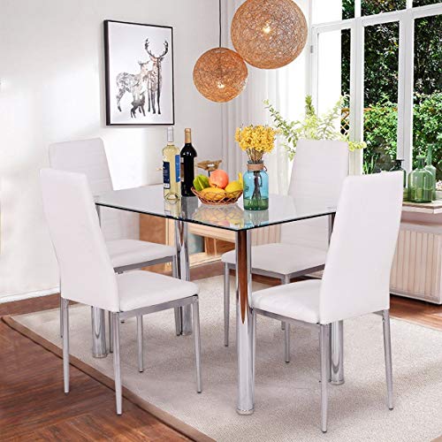 JOYBASE 5 Piece Dining Table Set, Tempered Glass Top Table with 4 Leather Chairs, for Kitchen Dining Room, White