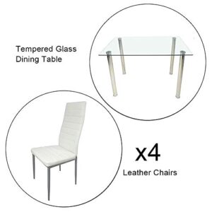 JOYBASE 5 Piece Dining Table Set, Tempered Glass Top Table with 4 Leather Chairs, for Kitchen Dining Room, White