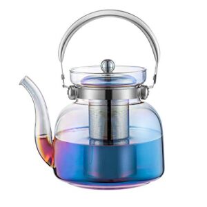 e-liu 50 oz(1500ml) glass teapot kettle with lid, removable stainless steel infuser and handle, stovetop safe tea maker for blooming and loose leaf tea（iridescent）