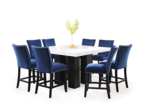 Camila Marble Top Square 9-Piece Counter Height Dining Set Blue Velvet