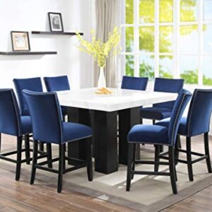 Camila Marble Top Square 9-Piece Counter Height Dining Set Blue Velvet
